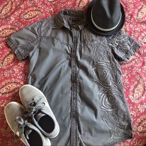 grey button up with detailing